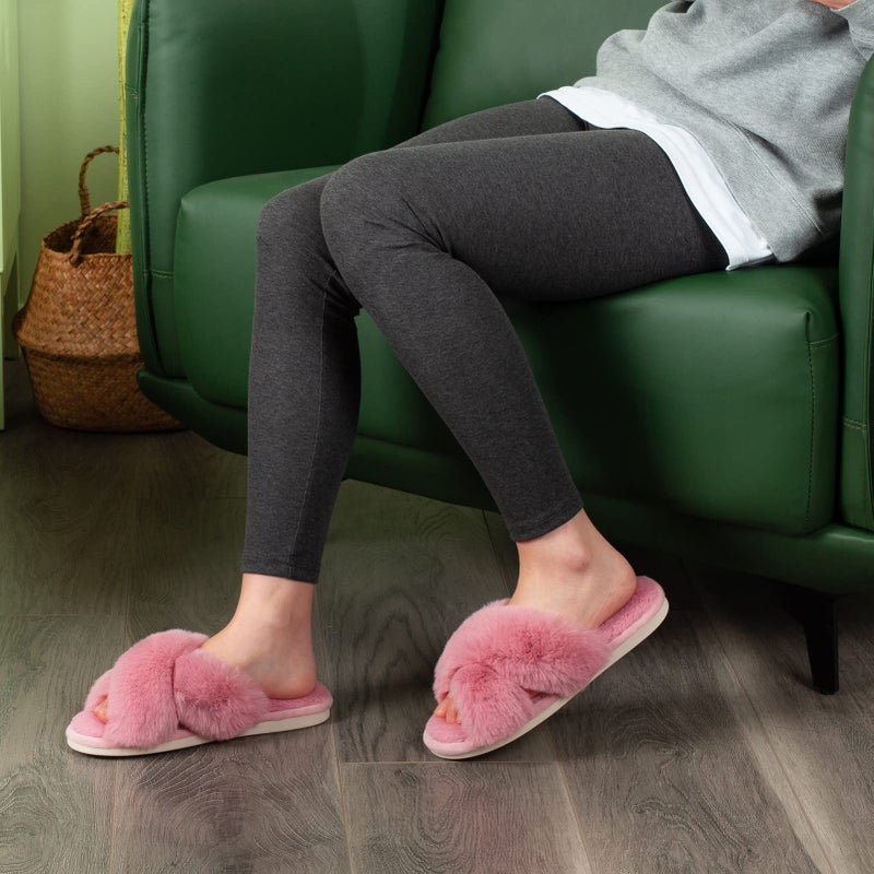 Parlovable Women's Fuzzy Slippers Comfy Cross Band House Shoes Memory Foam Open Toe Indoor Gifts for Ladies Pink 9-10 - Image 2